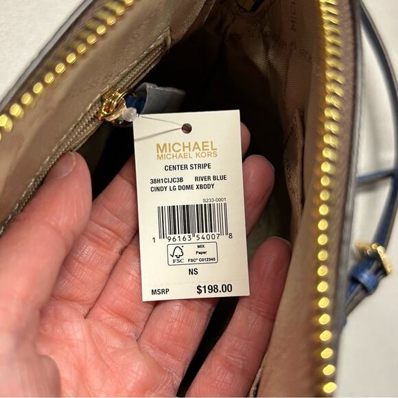 Michael Kors Crossbody Purse Cindy Dome Blue Center Stripe Brown MK Logo Bag NWT - Picture 5 of 8